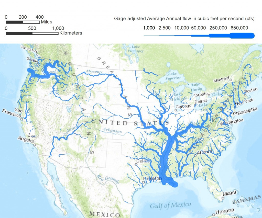 Map of American rivers showing current water flow volumes